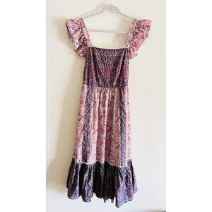 Haute Hippie Maxi Dress Boho Flutter Sleeve Cotton Flounce Hem Floral Sz 12